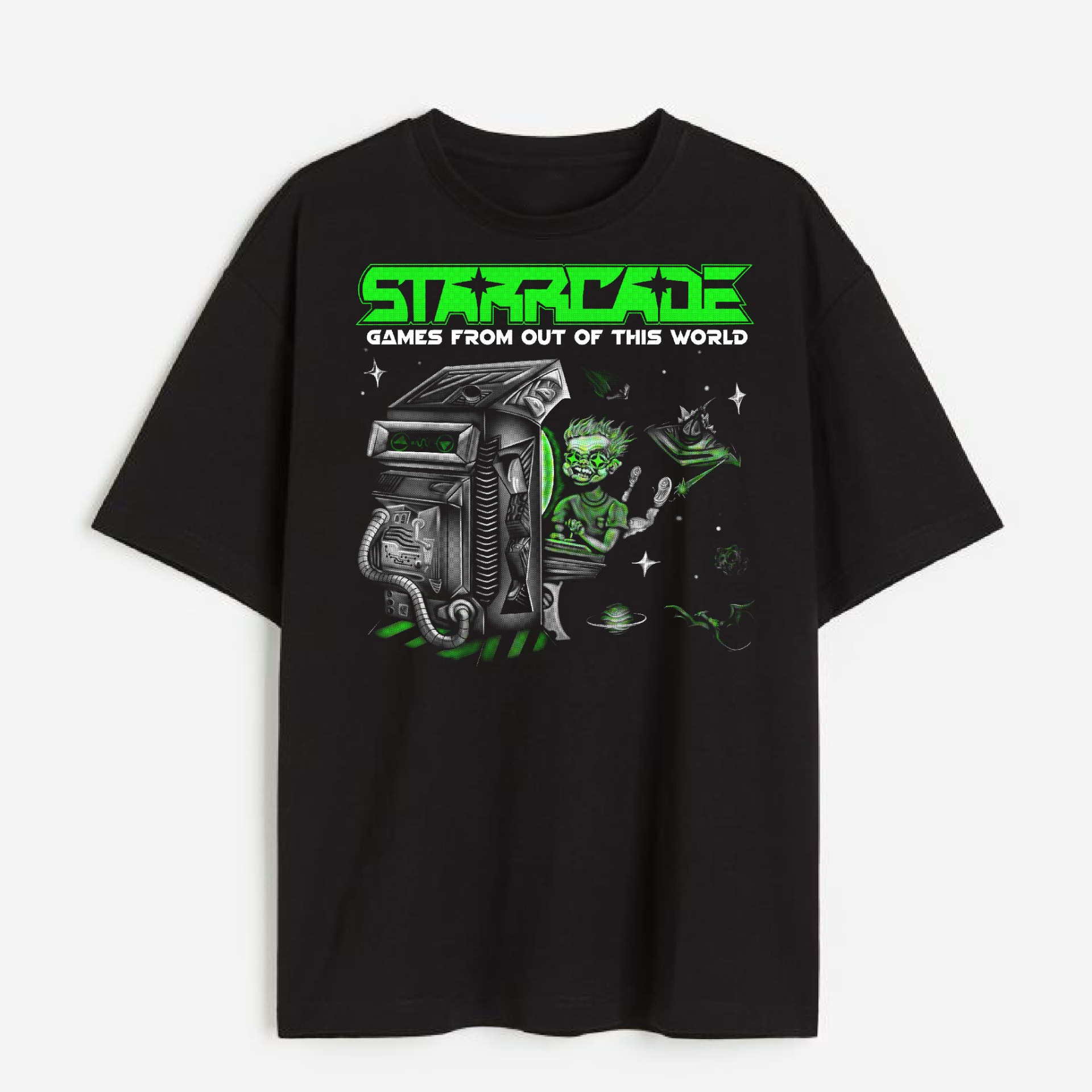 Black Starrcade Amusements arcade t-shirt with alien graphic