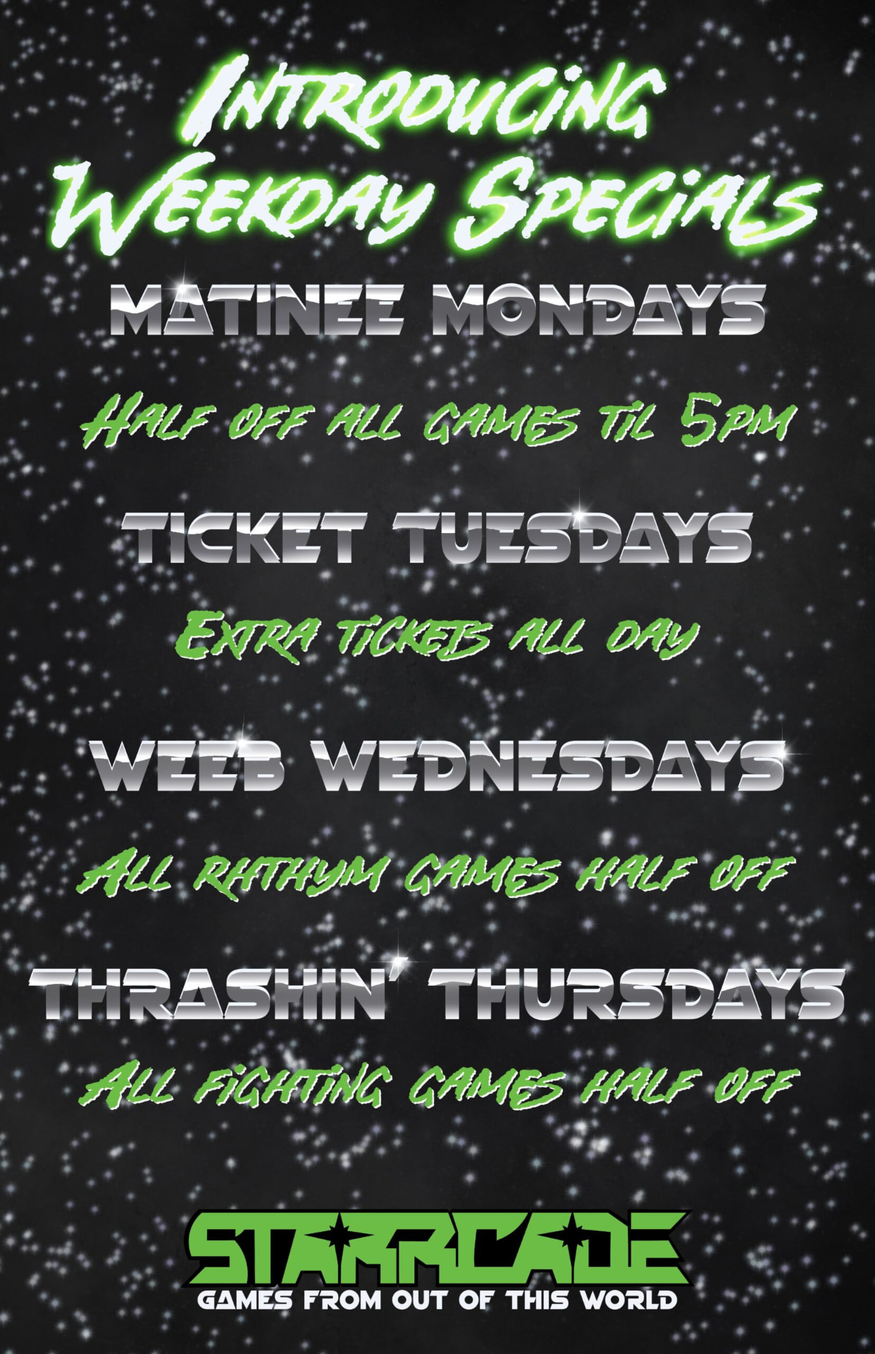 Starrcade Kennesaw weekday arcade specials board