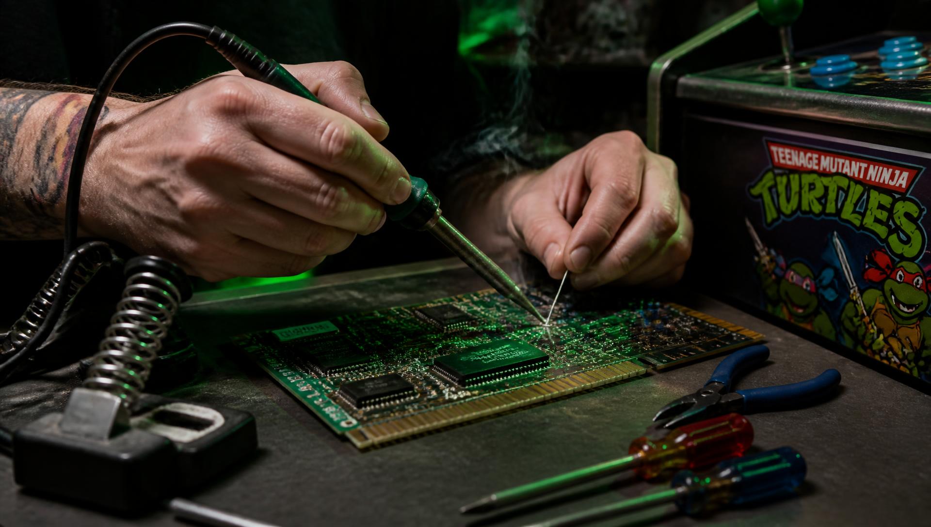 Arcade technician soldering an arcade game circuit board during a repair